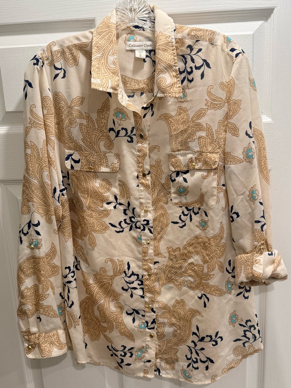 Women's Coldwater Creek beautiful
Brown, navy,tan Paisley Fitted Blouse size XL